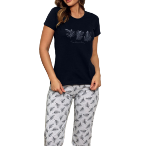 Piżama damska LIŚCIE granat - obrazek 2
